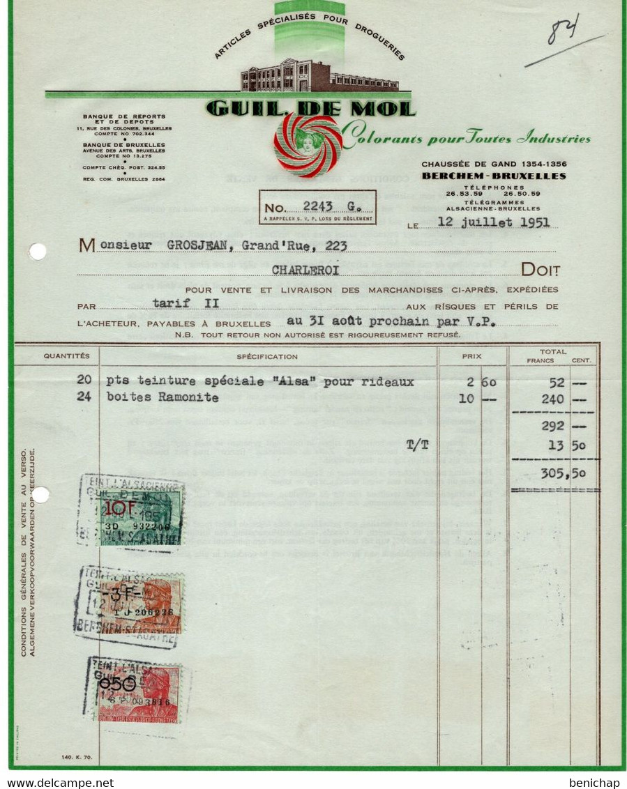 Articles Spécialisés Pour Drogueries - Guil. De Mol - Colorants Pour Industries - Berchem - Bruxelles - 1951. - Drogerie & Parfümerie