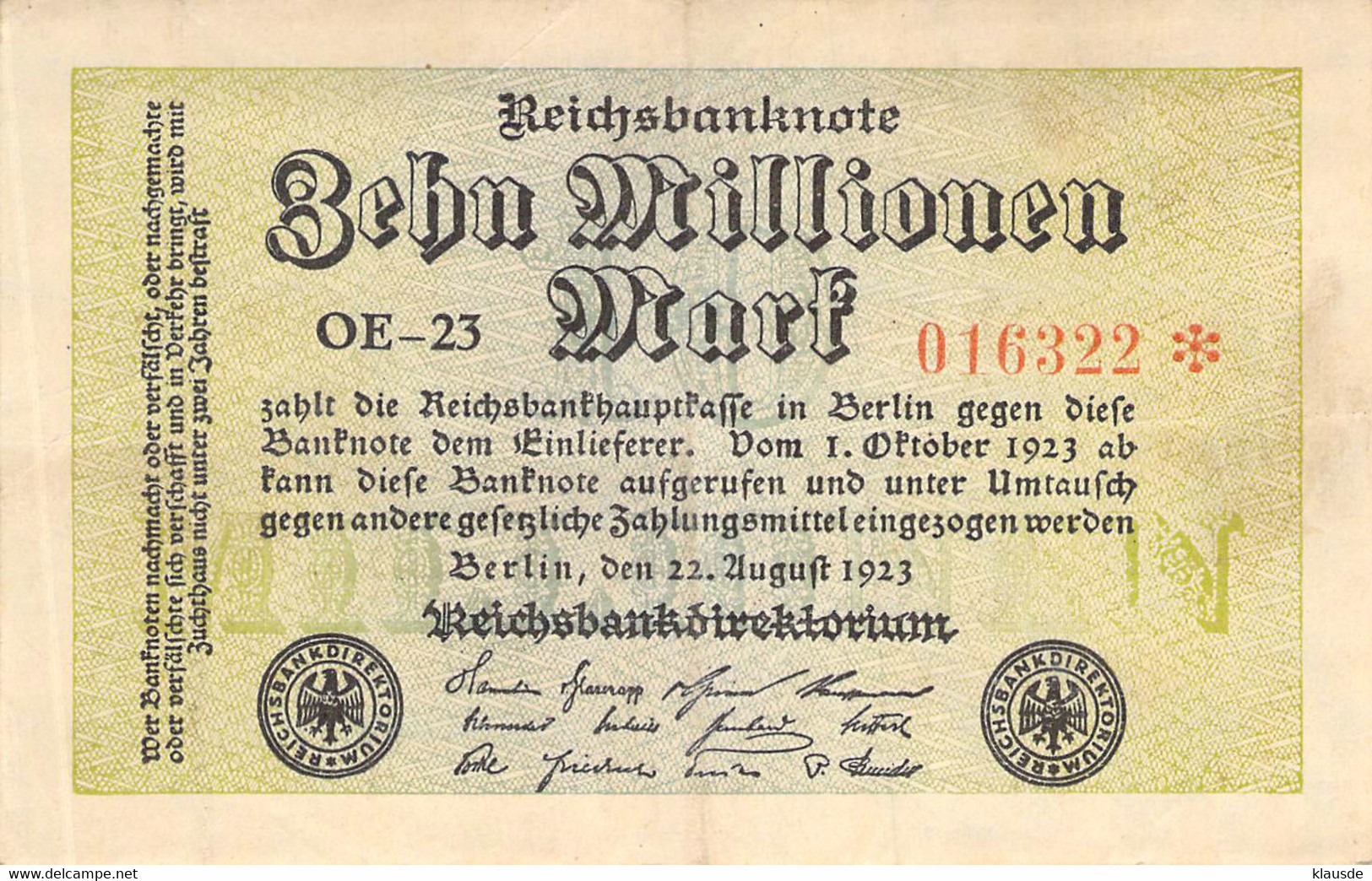 10 Mio Mark Reichsbanknote VF/F (III) - 10 Millionen Mark