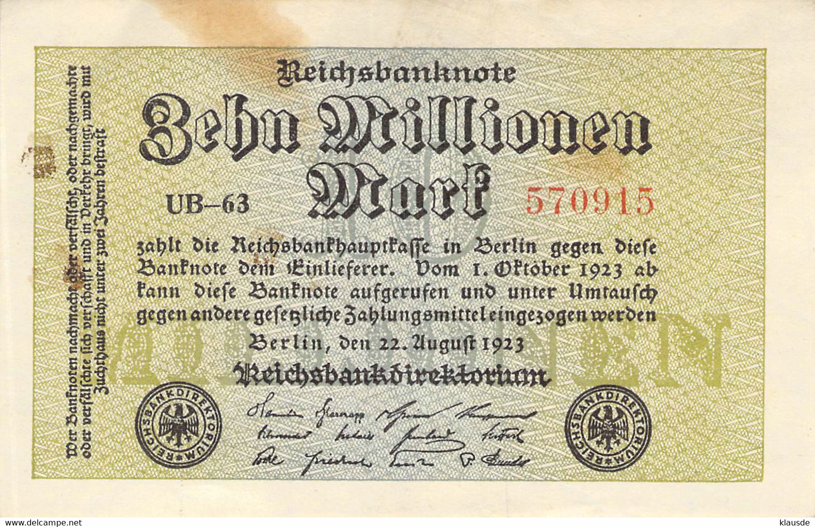 10 Mio Mark Reichsbanknote VF/F (III) - 10 Millionen Mark