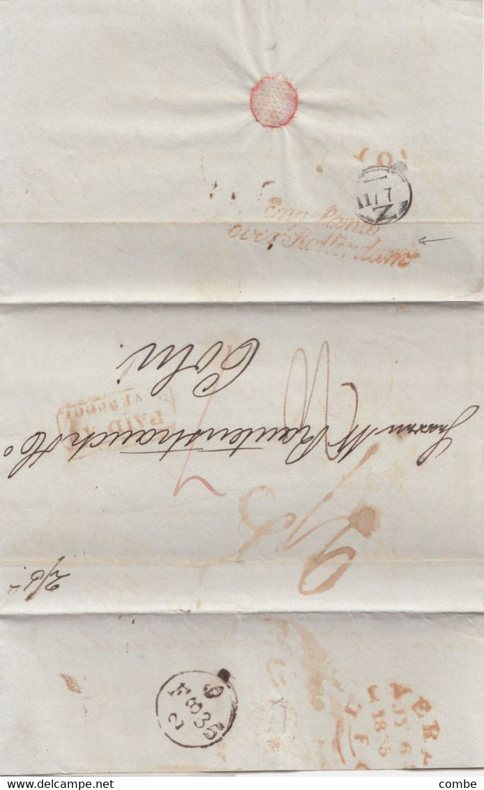 UK LETTER. 6 JUIL 35. RED CANCEL ENGELAND OVER ROTTERDAM. PAID LIVERPOOL   CX TO COLN PRUSSIA. MULTIPLE DUE - ...-1840 Voorlopers