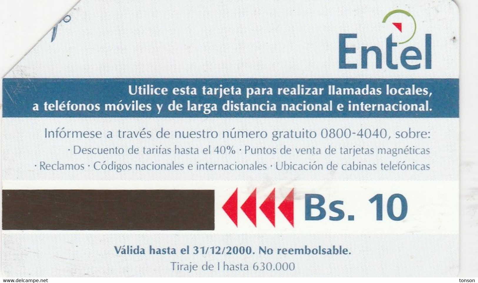 Bolivia, BO-ENTEL-043B, Bs.10.00, Entelnet 3, 2 Scans. - Bolivien