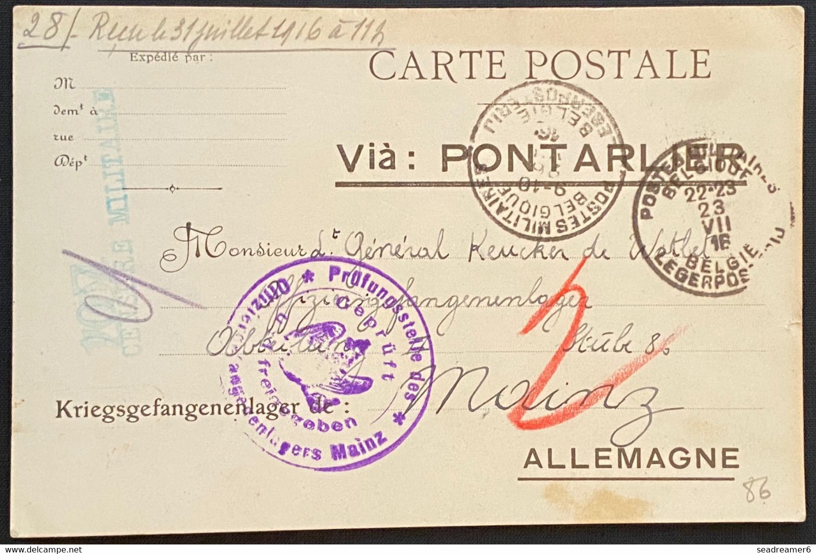 Carte Militaire Française Obl 2x POSTES MILITAIRES BELGIQUE Du 22 & 26 Jui 1915 Pour L"Allemagne 2 Censures !! RR - Armée Belge