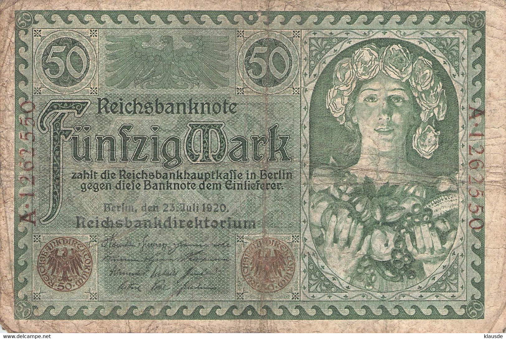 50 Mark 1920 Reichsbanknote VG/G (IV) - 50 Mark