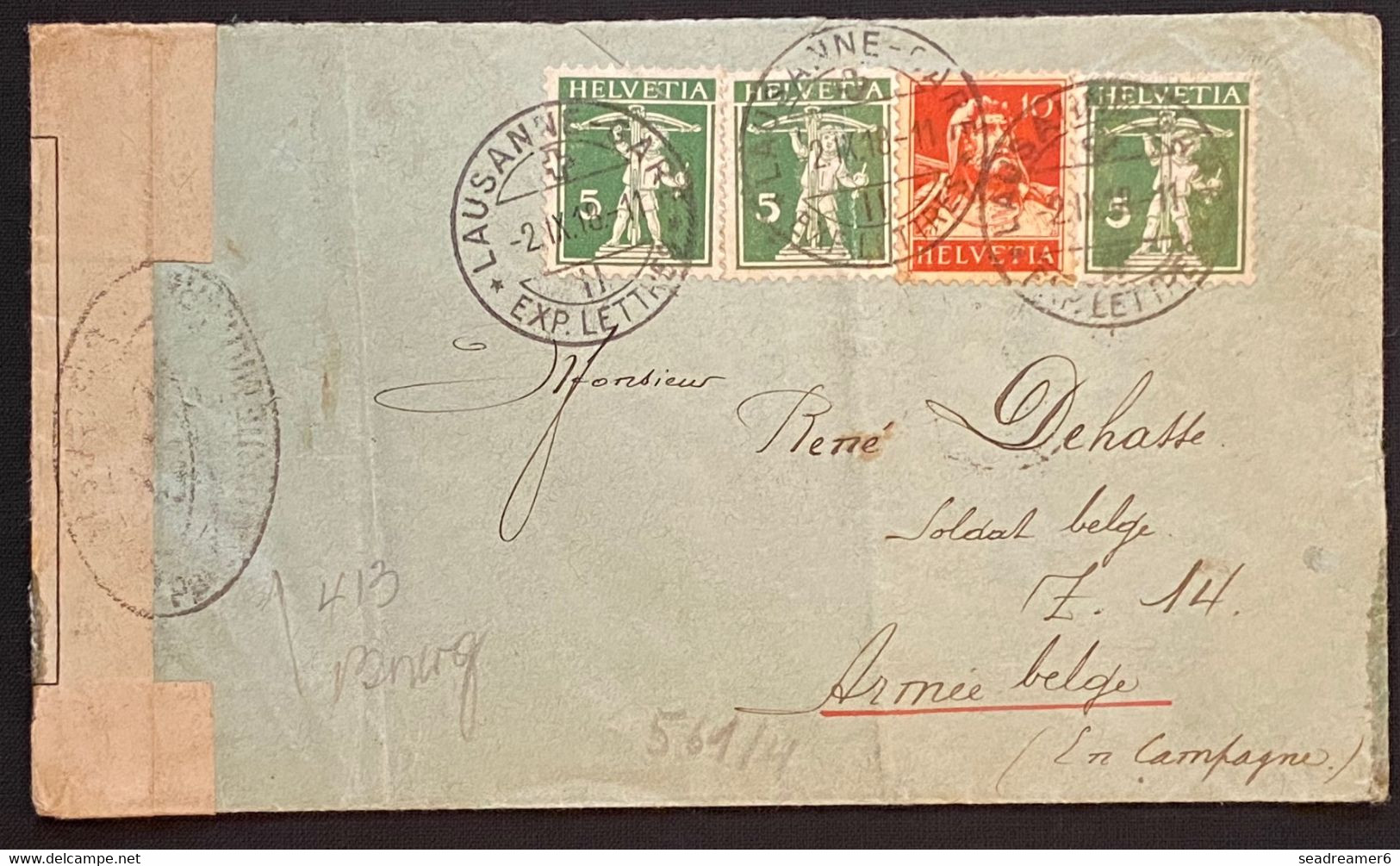 Lettre Suisse N°136 X3 & 138 Obl De Lausanne Pour Un Soldat De L'Armée Belge En Campagne + Censure Française 413 RR - Armée Belge