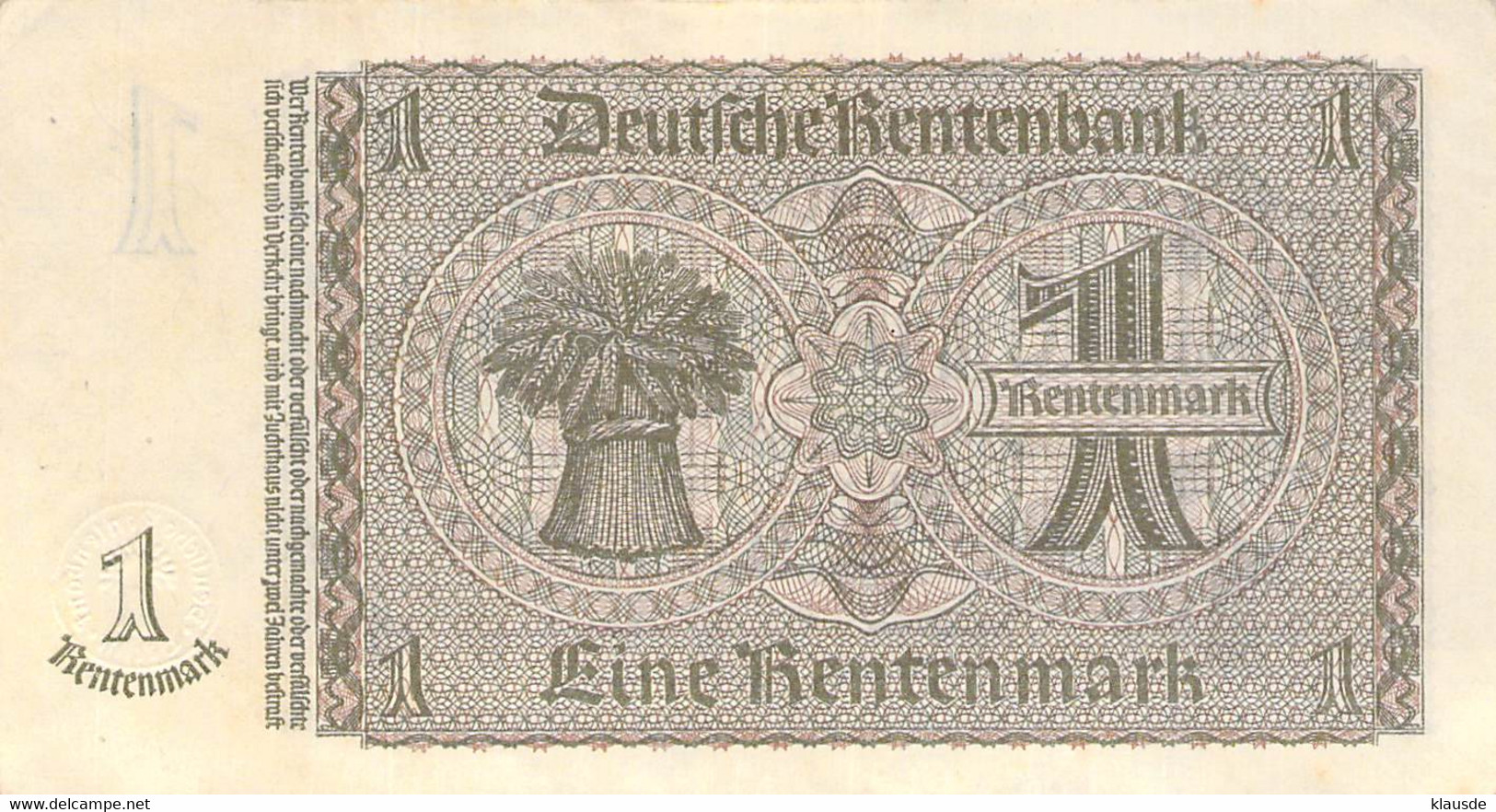1 Rentenmark Deutsche Rentenbank 1937 UNC (I) - 1 Rentenmark