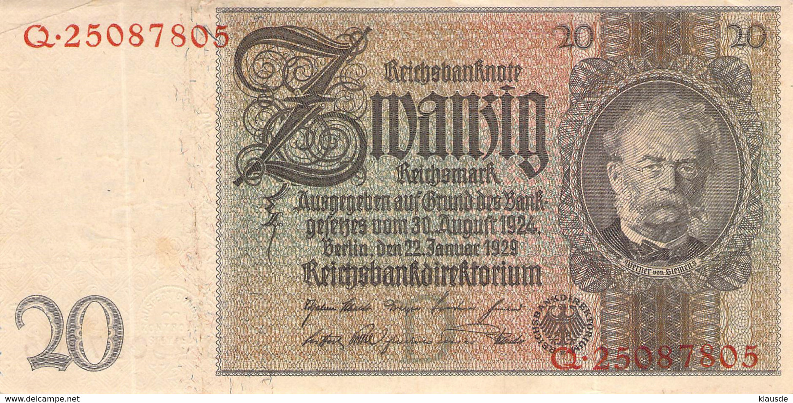 Deutschland 20 Reichsmark, 1924 AU/EF (II) - 10 Mark
