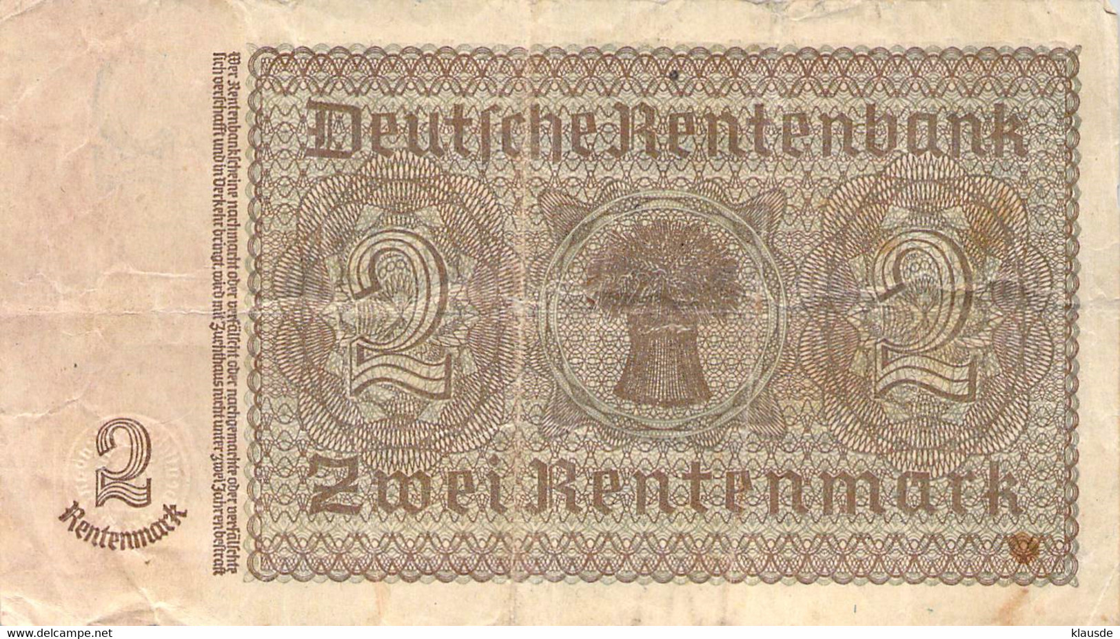 2 Rentenmark 1937 VF/F (III) Deutschland - 2 Rentenmark