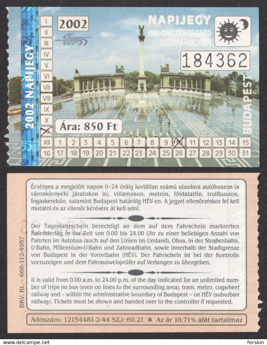 Combined Metro Tramway Bus Train BUDAPEST HUNGARY Ticket Transport / TOURIST - DAY Ticket 2002 Hologram Holography - Europa