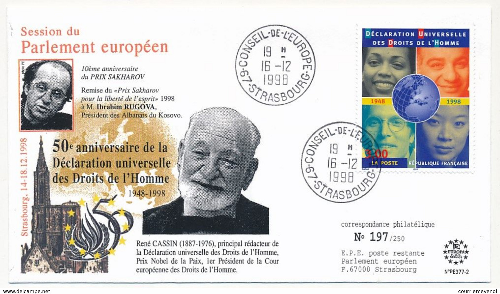 Env Affr 3,40F Droits De L'Homme - Cad Conseil De L'Europe Strasbourg 16/12/1998 - René Cassin - Lettres & Documents