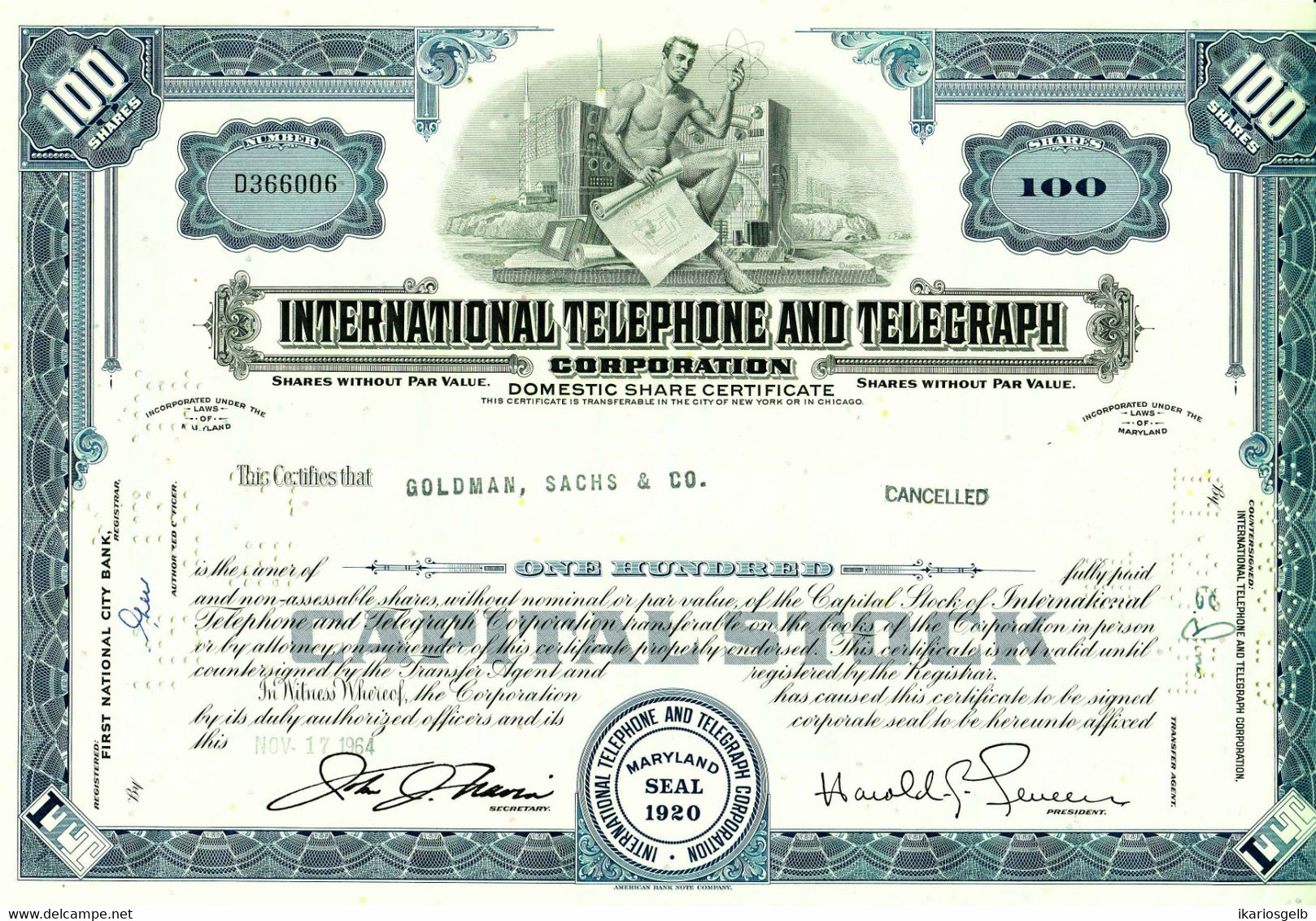 USA Aktie 1964 Telefon Telegraph " 100 $ International Telephone And Telegraph Maryland " Share Action Partager - Elektriciteit En Gas