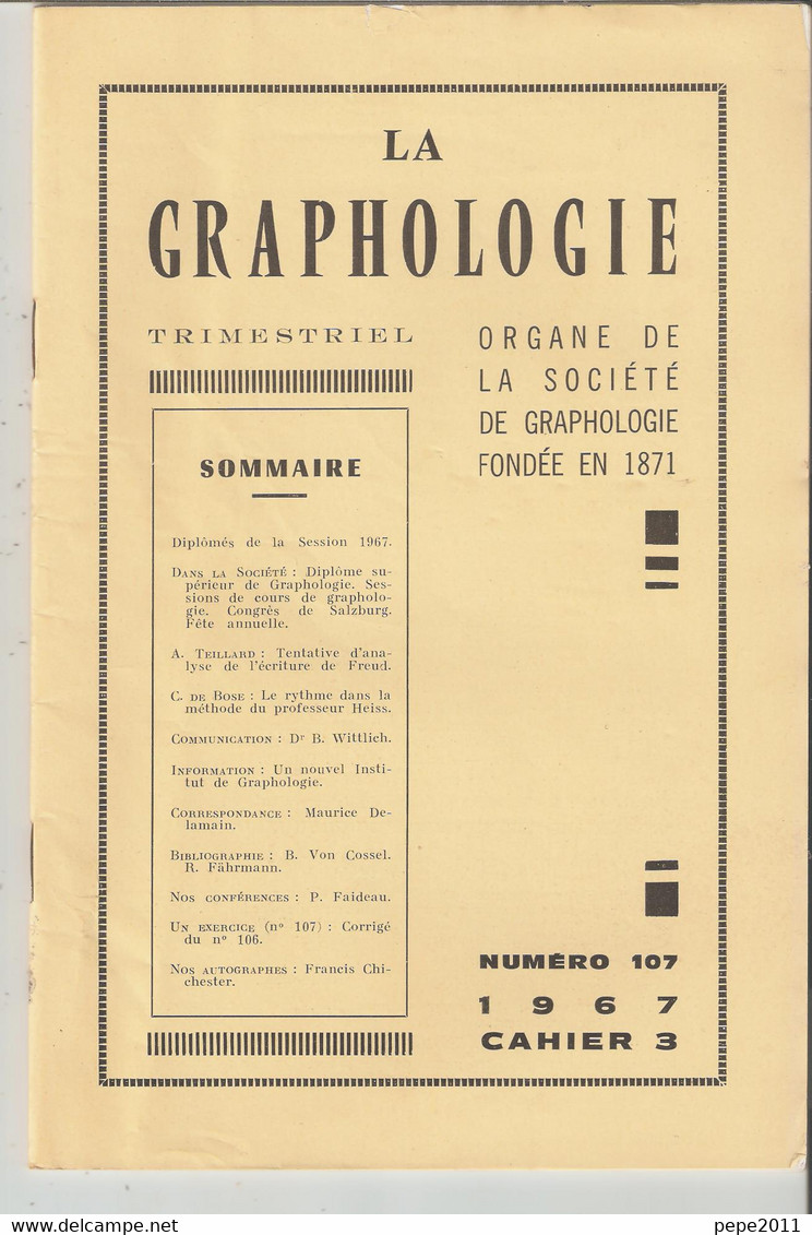 Revue LA GRAPHOLOGIE N° 107 - Cahier 3 1967 - Wetenschap