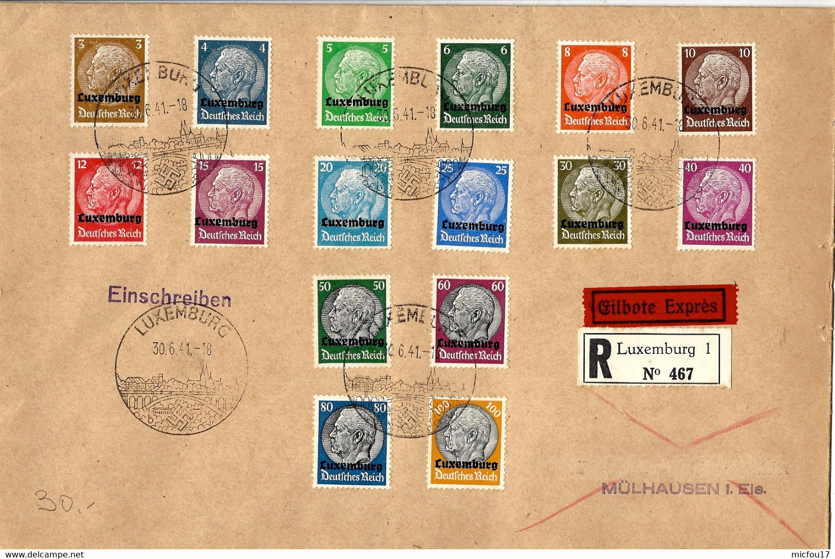 30-6-41grande Enveloppe  RECC. EXPRES  Affr. Série Complète ( 16 Valeurs  ) Oblit. Cad Commémoratif De LUXEMBURG - 1940-1944 Occupation Allemande