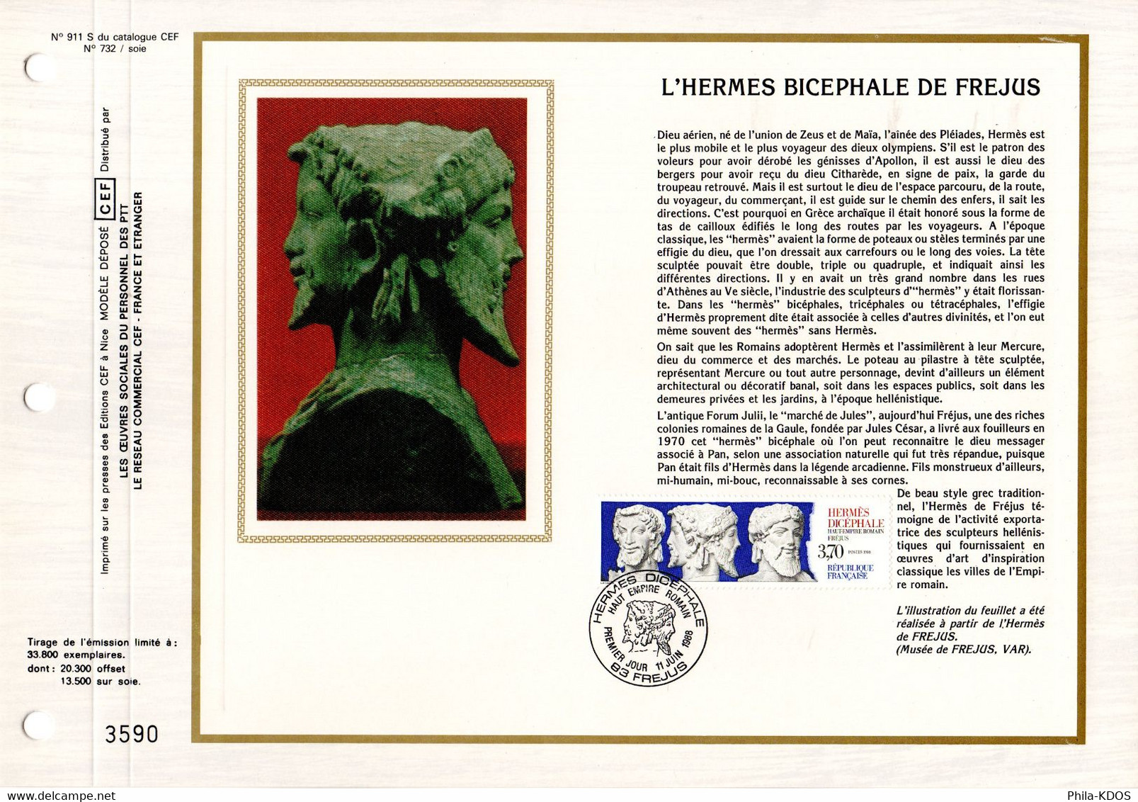 " L'HERMES BICEPHALE DE FREJUS " Sur Feuillet CEF 1er Jour Sur Soie De 1988. N° YT 2548. FDC - Mythology