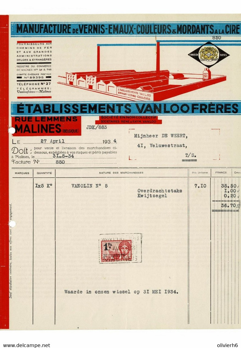 VP FACTURE BELGIQUE 1934 (V2030) VAN LOO FRERES (1 Vue) Manufacture Vernis émaux Couleurs Rue Lemmens Mechelen Malines - Drogerie & Parfümerie