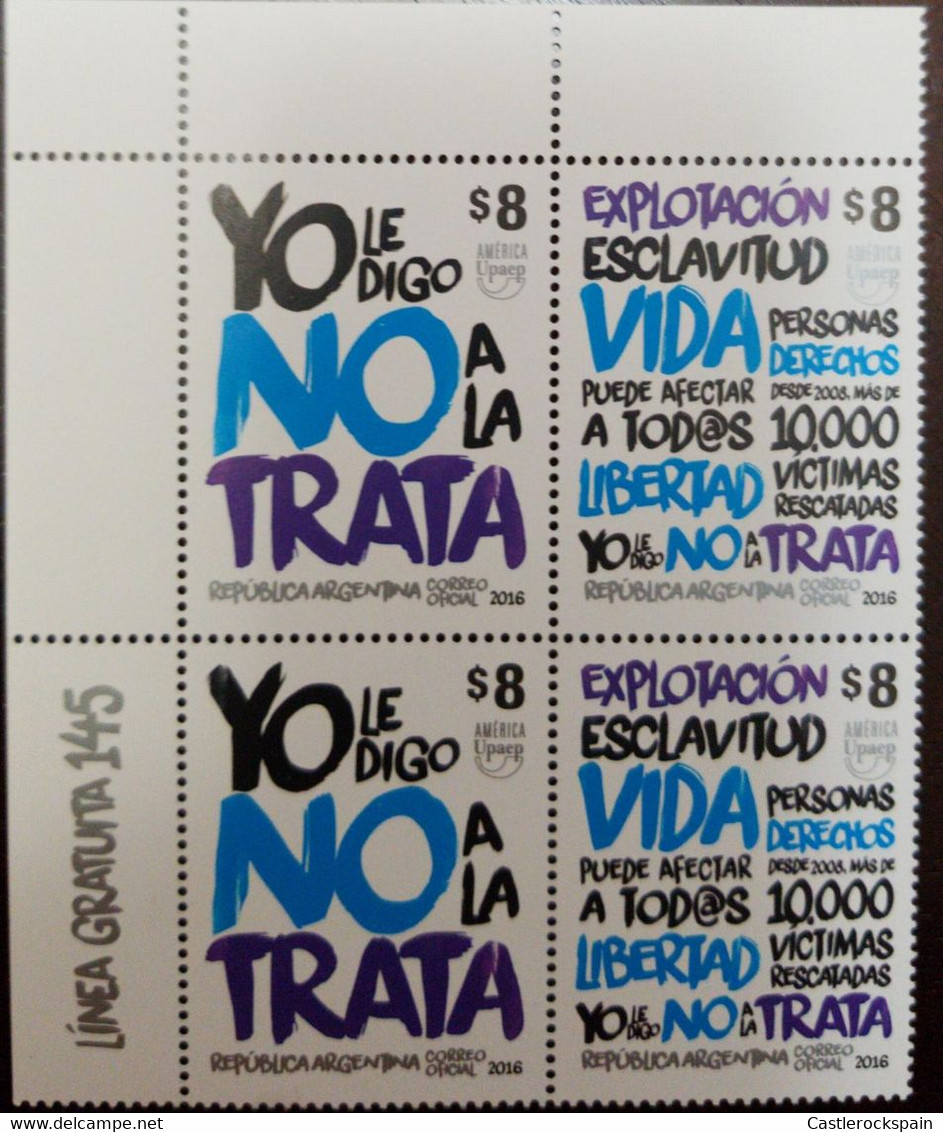 O) 2016 ARGENTINA, AMERICA UPAEP, EXPLOITATION, SLAVERY, NO TO TRAFFICKING,  PAIR MNH - Ungebraucht