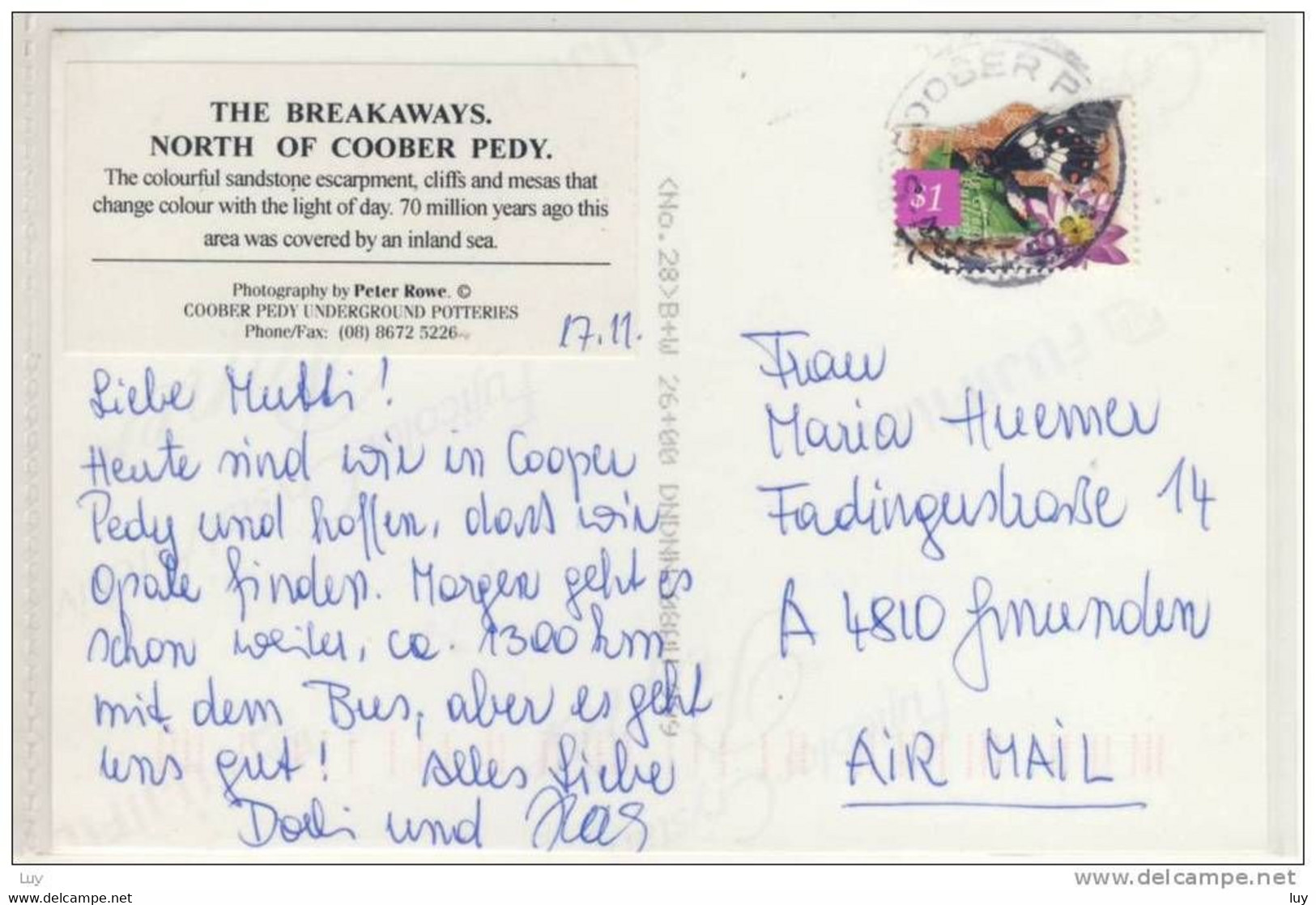 Real Photo - COOBER PEDY - The Breakaways, Posted W. Nice Stamp With Butterfly - Coober Pedy