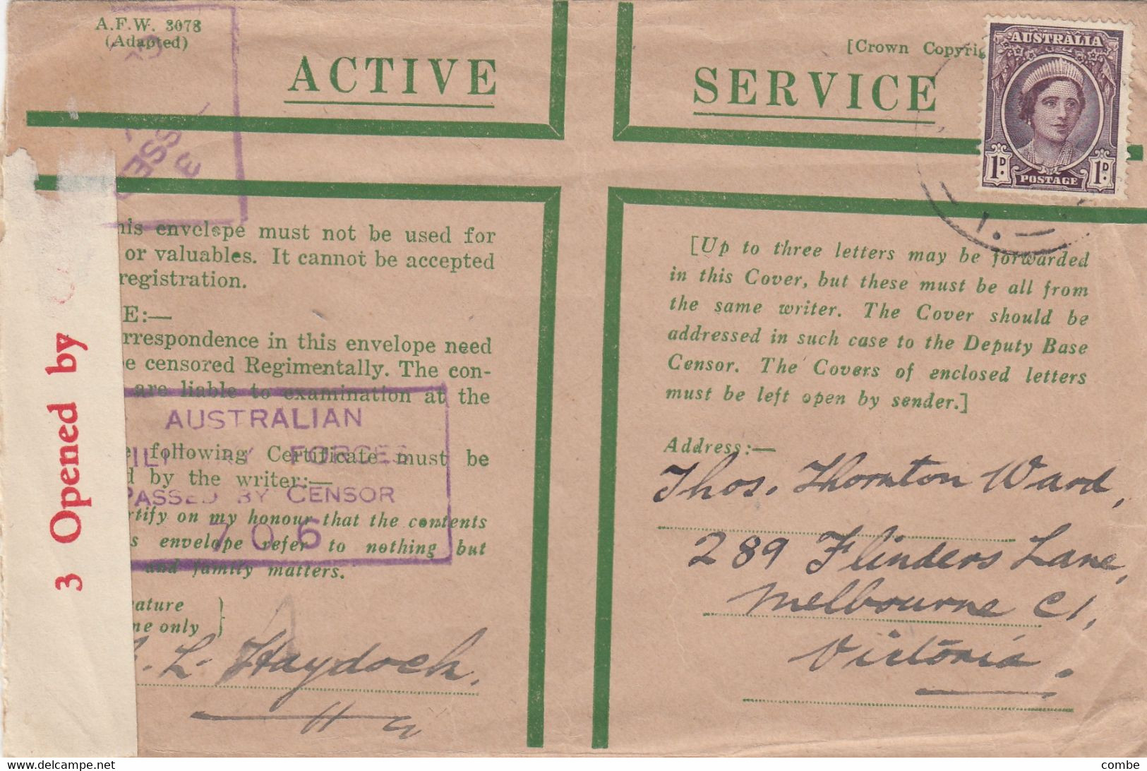 COVER AUSTRALIA. ACTIVE SERVICE. OPENED BY CENSOR 706 - Lettres & Documents