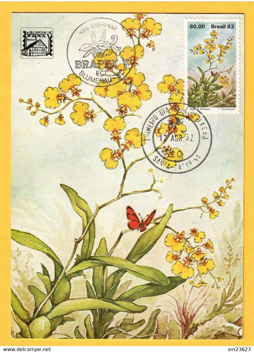 Brasilien  1982 , Serie Fauna  Blumen Oncidium Flexuosum - Maximum Card Nr. 015682 - First Day  17.4.82 - Cartoline Maximum