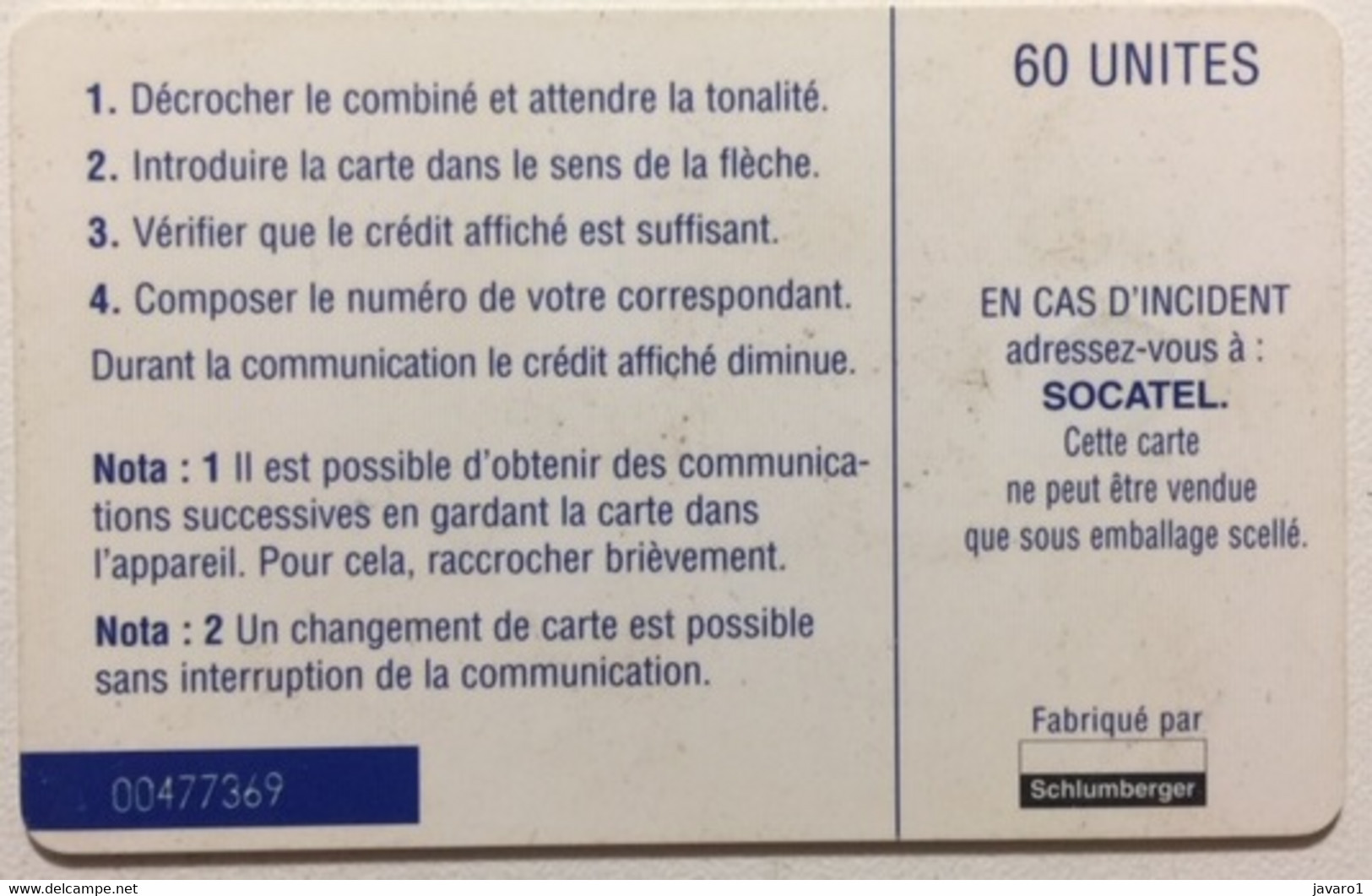 CENTRAFR : CAR16 60u SOCATEL Blue  SI-7 Nologo+serial In Blue USED - Centrafricaine (République)