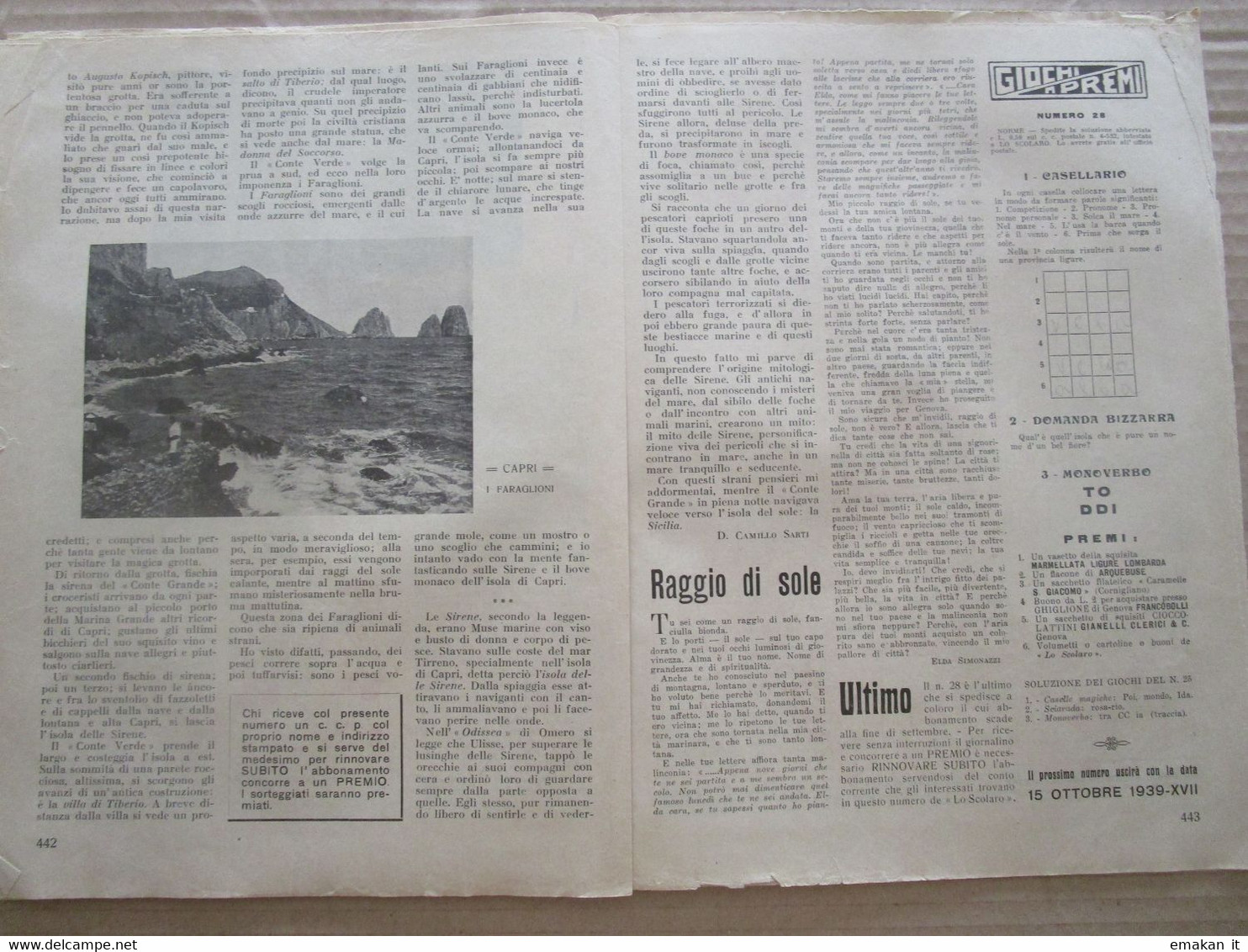 # LO SCOLARO N 28 / 1939 CORRIERE DEI PICCOLI STUDENTI / ARTICOLO CAPRI - Eerste Uitgaves