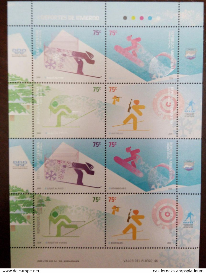 A) 2006, ARGENTINA,  ALPINE SKI, SNOWBOARD, CROSS COUNTRY SKI, BIATHLON, WINTER SPORTS, BLOCK OF 8 - Nuovi