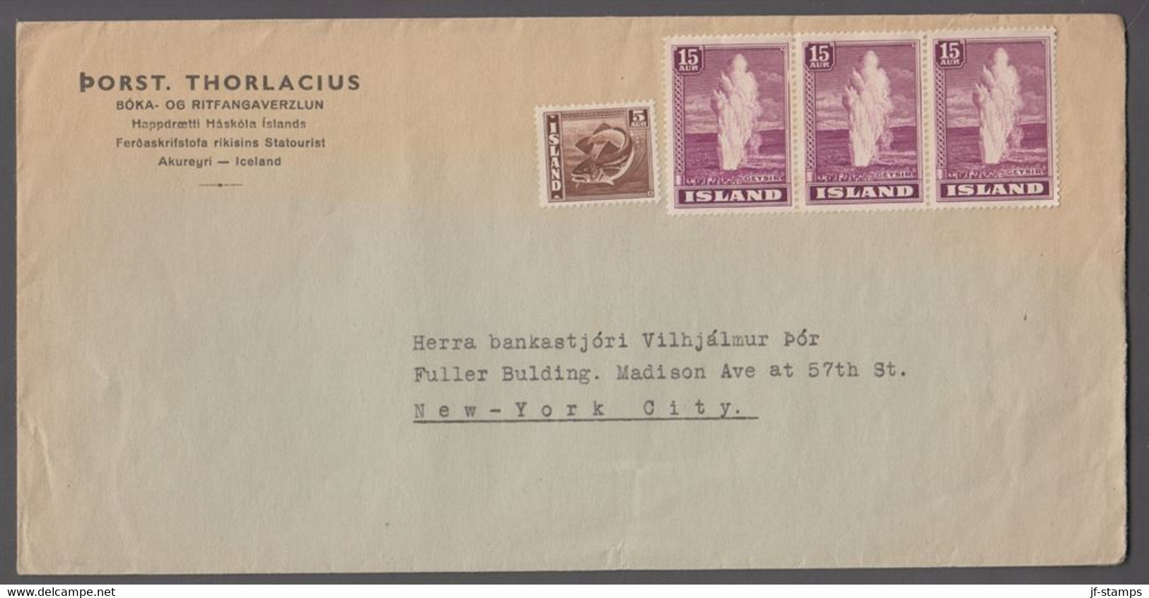 1940. ISLAND. 5 Aur Cod + 3-stripe 15 AUR GEYSIR.  Cover Adressed To New York But Not... () - JF411978 - Briefe U. Dokumente