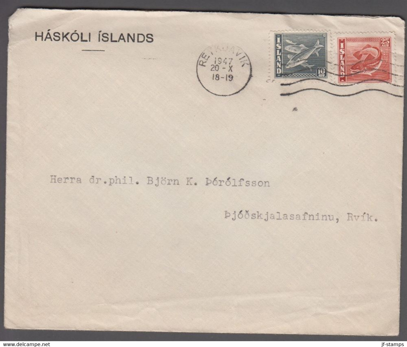 1947. ISLAND. 10 Aur Heerings + 25 Aur Cod On Cover  From REYKJAVIK 1947 20 - X. Send... (Michel 238+) - JF411982 - Briefe U. Dokumente