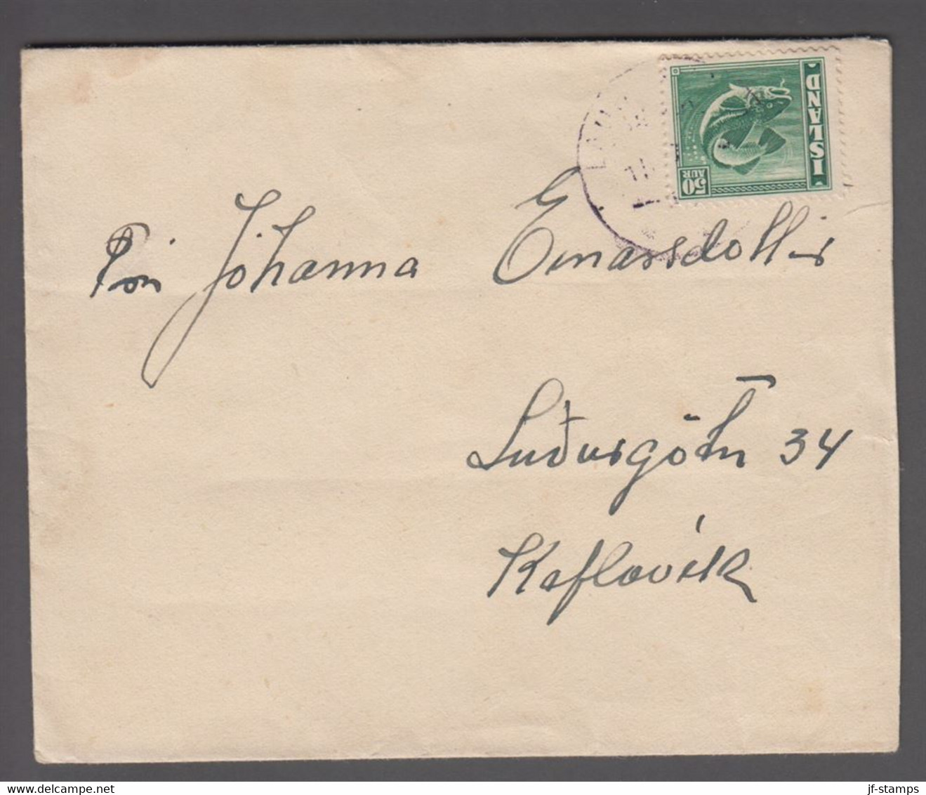 1947. ISLAND. 50 Aur Cod On Small Cover To REYKJAVIK. Bridgecancel LAUG.... (Michel 228) - JF411983 - Lettres & Documents