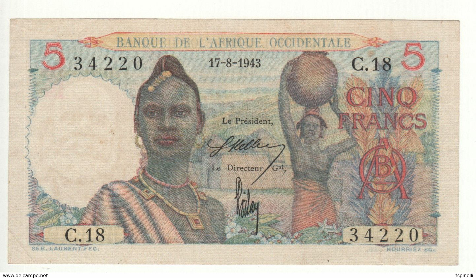 FRENCH WEST AFRICA   5 Francs    P36   Dated 17-08-1943    Fishermen  At Back - États D'Afrique De L'Ouest