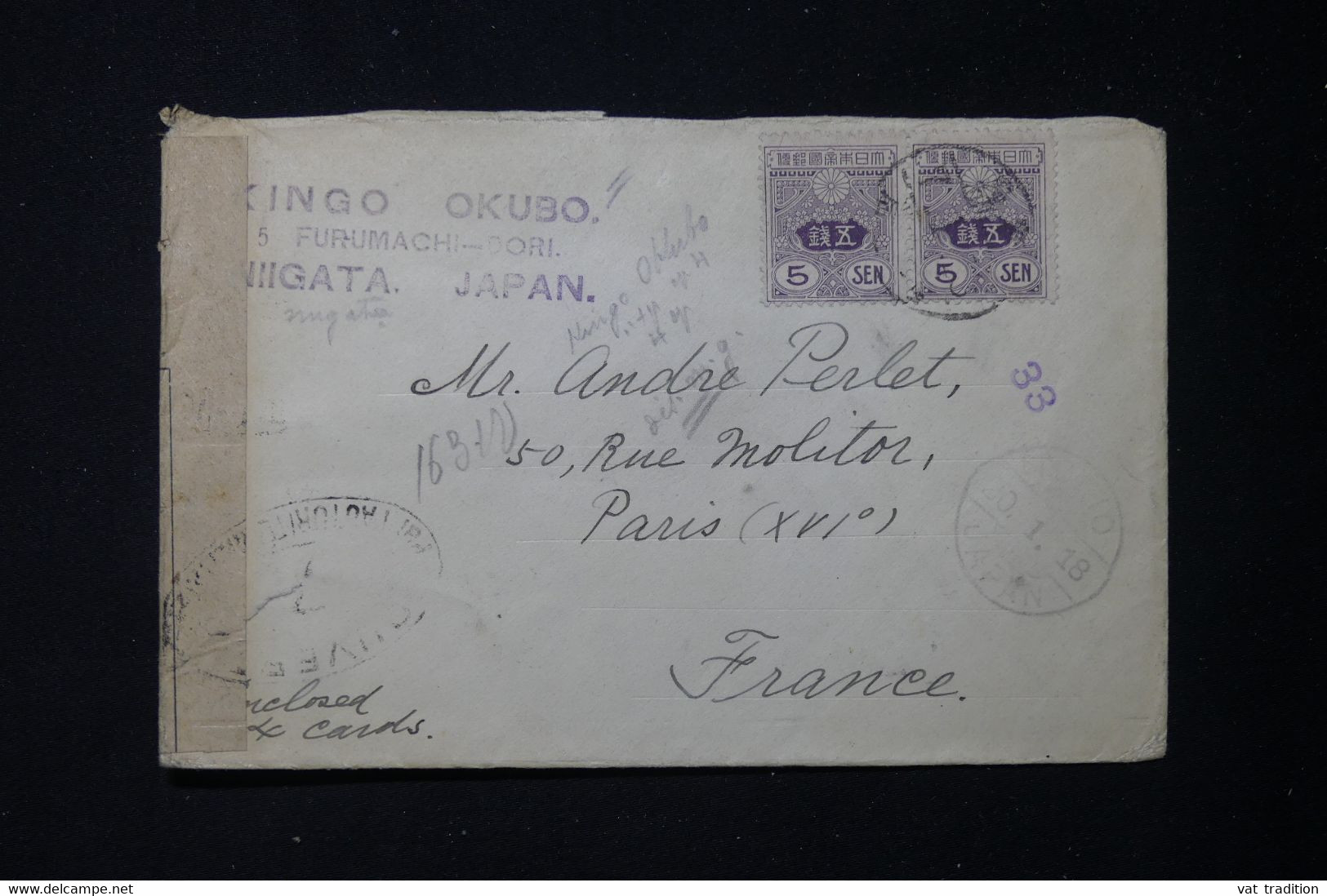 JAPON - Enveloppe De Niigata Pour La France Via Tokyo En 1918 Avec Contrôle Postal - L 83422 - Cartas & Documentos