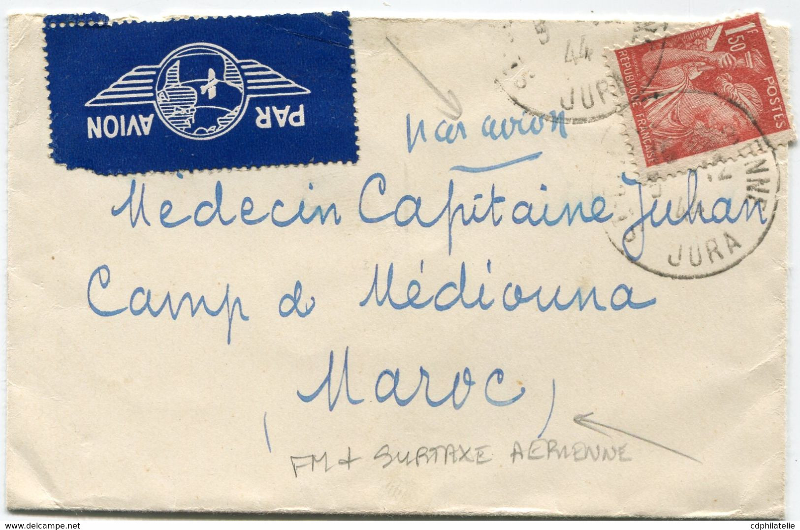 FRANCE LETTRE FM PAR AVION DEPART ? 5-12-44 JURA POUR LE MAROC - 1939-44 Iris