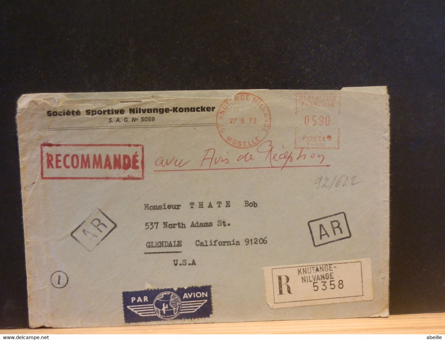 92/622 LETTRE  FRANCE RECOMM. + AR  1973 POUR USA - Other & Unclassified