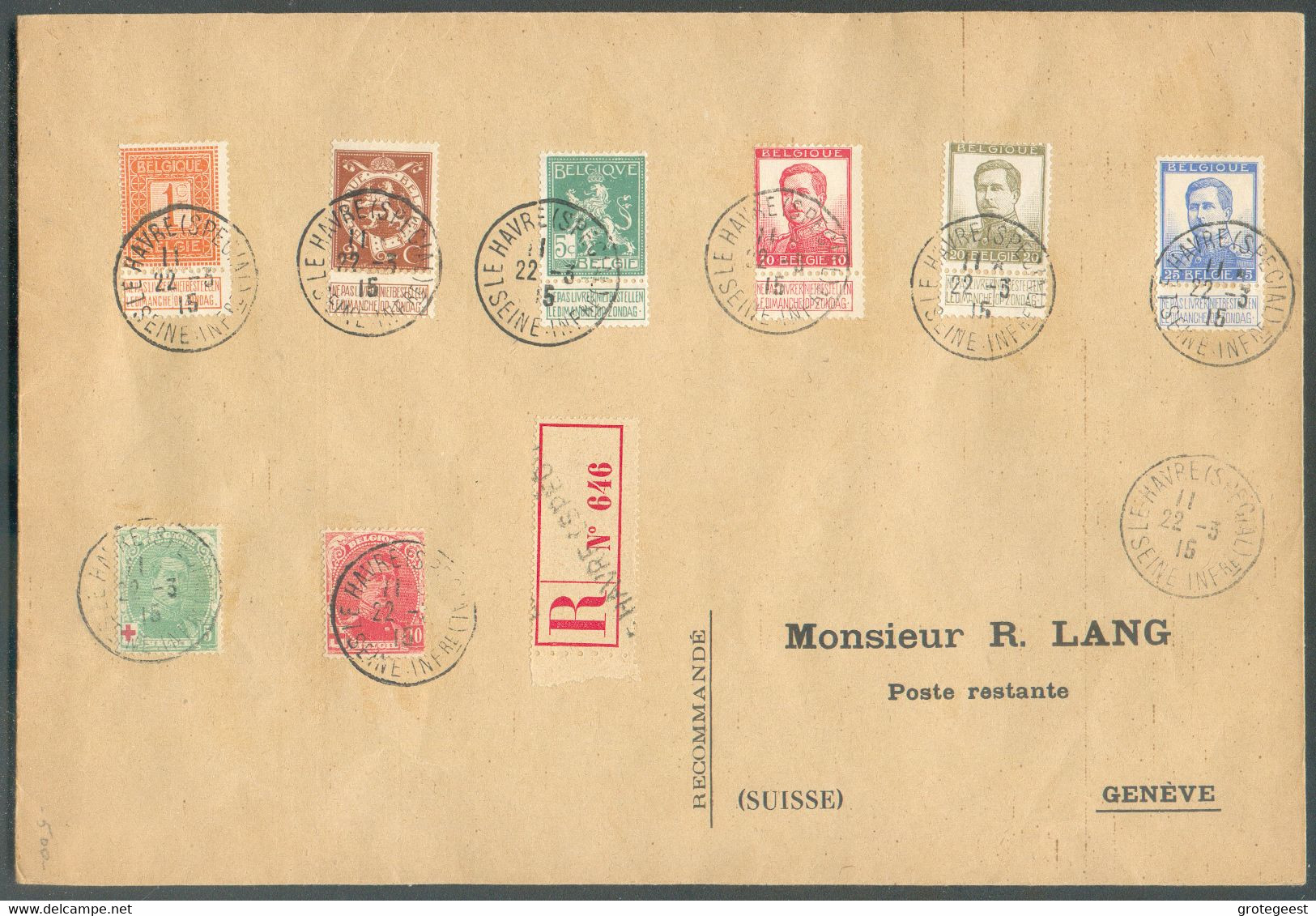 N°108/110-118/120-129/130 (Croix-Rouge)  Obl. Sc LE HAVRE (SPECIAL) Sur Lettre Recommandée Du 22-3-1915 Vers Genève (CH) - Other & Unclassified