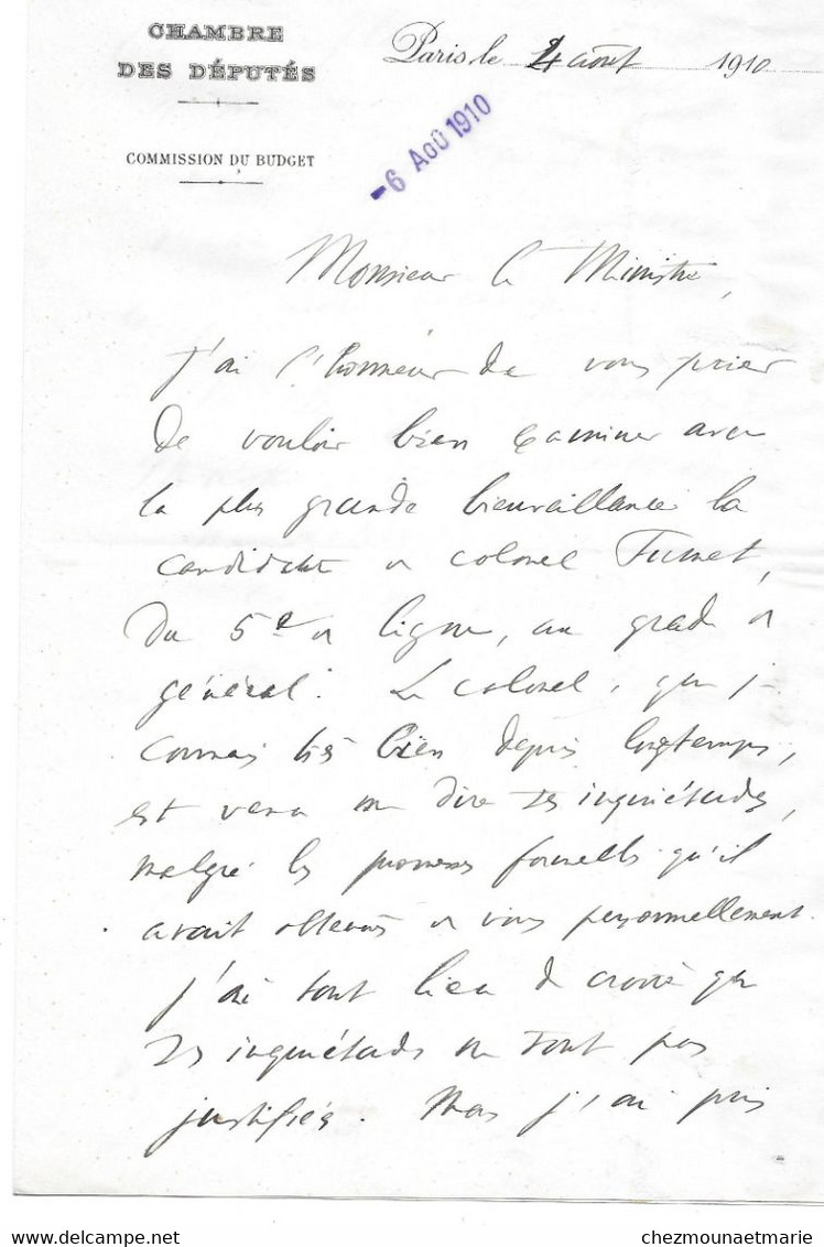 1910 PARIS - LOUIS LAFFERRE DEPUTE SENATEUR AU MINISTRE SUR PROMOTION COLONEL FUMET- L.A.S. LETTRE SIGNEE - Other & Unclassified