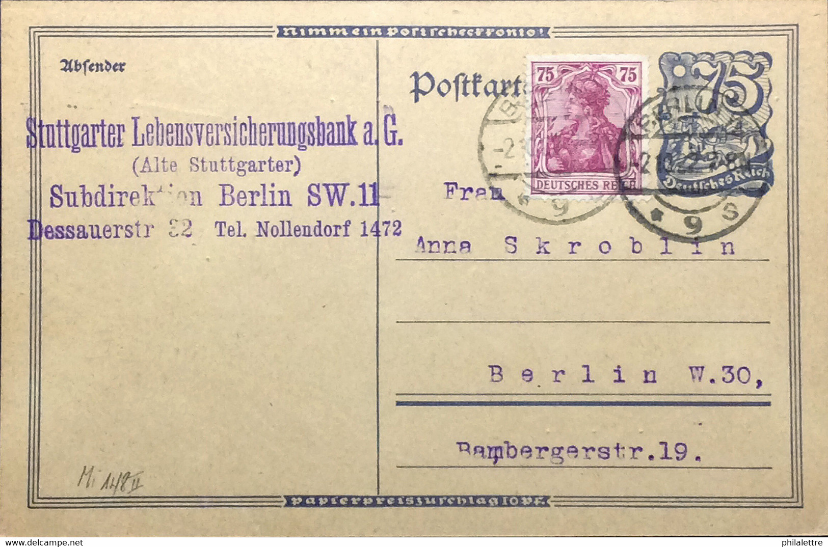 ALLEMAGNE / DEUTSCHLAND 1922 (1/10) Mi.148.II Auf Ortspostkarte Mi.P146 Aus Berlin Nach Berlin - Lettres & Documents