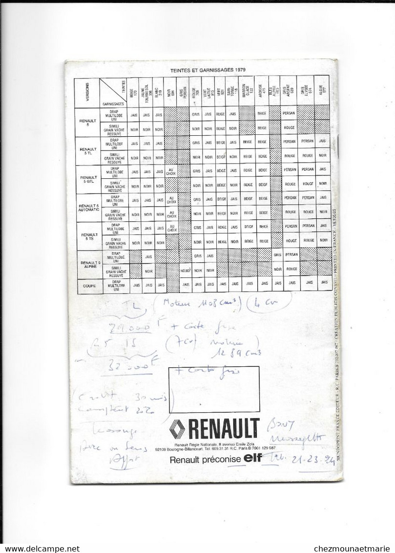 VOITURE RENAULT 5 ANNEE MODELES 1979 - LIVRET DE 31 PAGES FOURNI PAR REGIE A BOULOGNE - Voitures