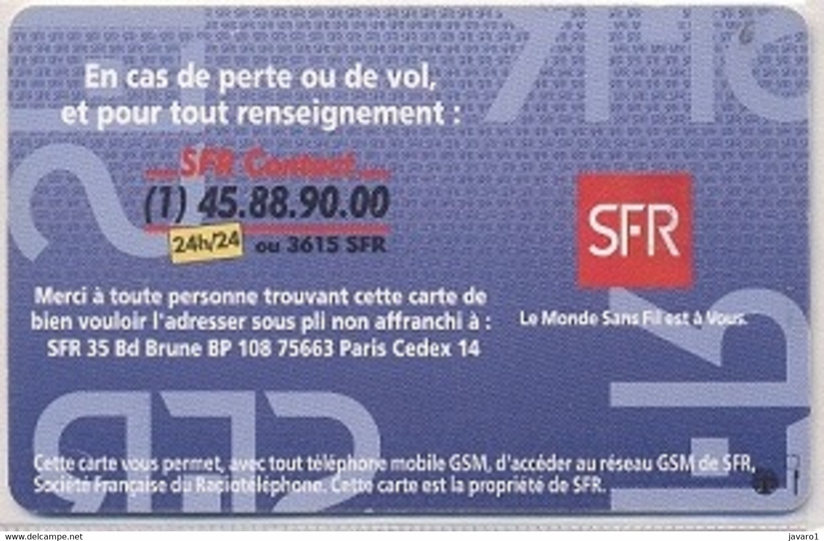 FRANCE GSM Card  : FRA21 SFR Full Iso Gsm (chip Type 2) MINT - Mobicartes (GSM/SIM)