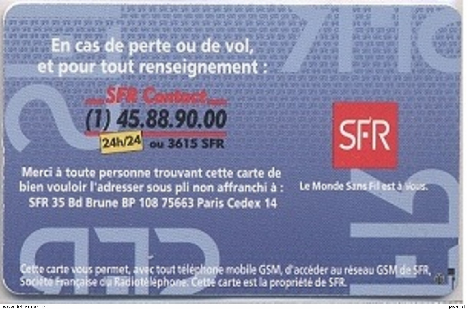 FRANCE GSM Card  : FRA20 SFR Full Iso Gsm (chip Type 1) MINT - Mobicartes (GSM/SIM)