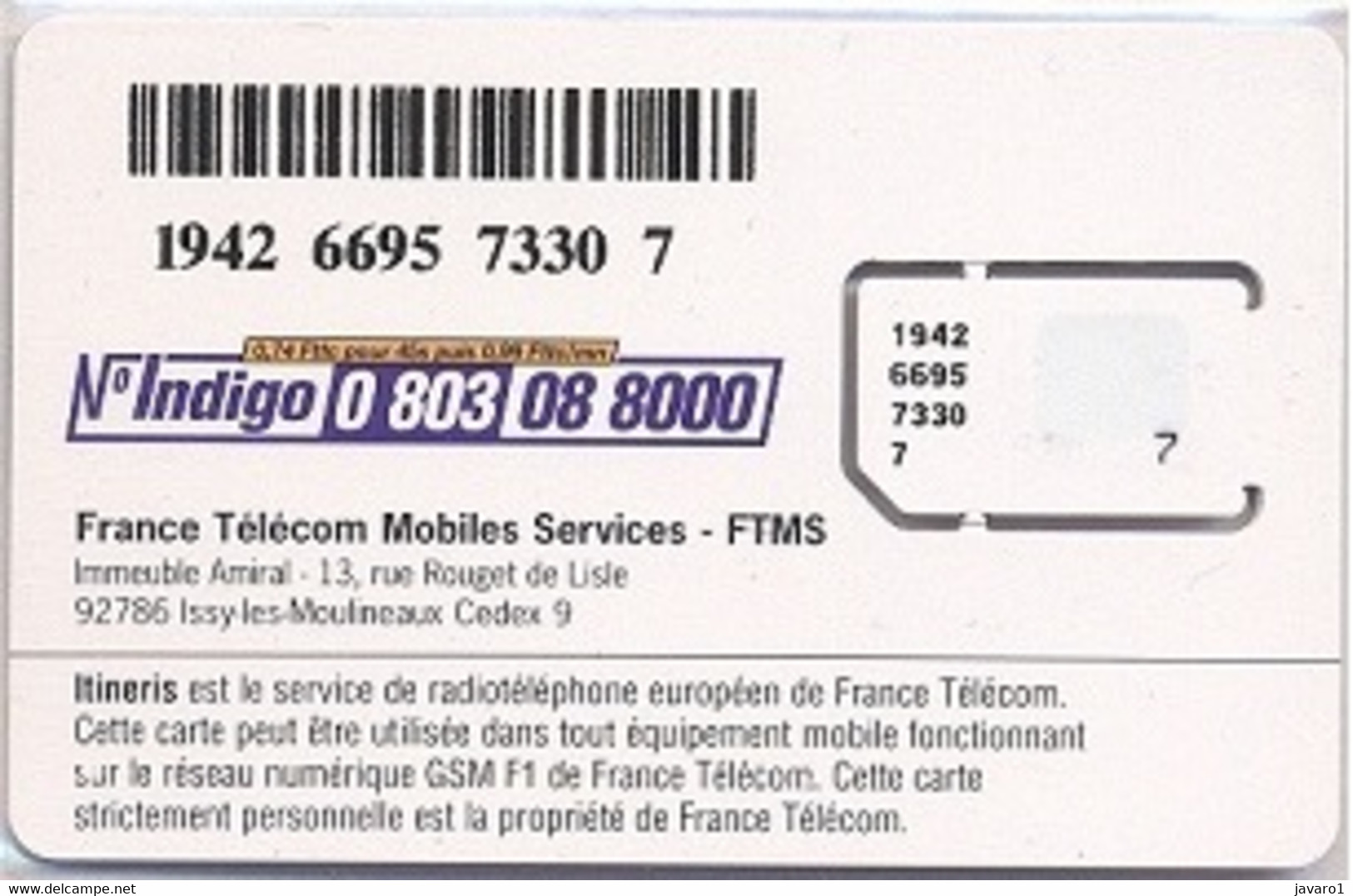 FRANCE GSM Card  : FRA03 ITINERIS FTMS Purple MINT - Mobicartes (GSM/SIM)