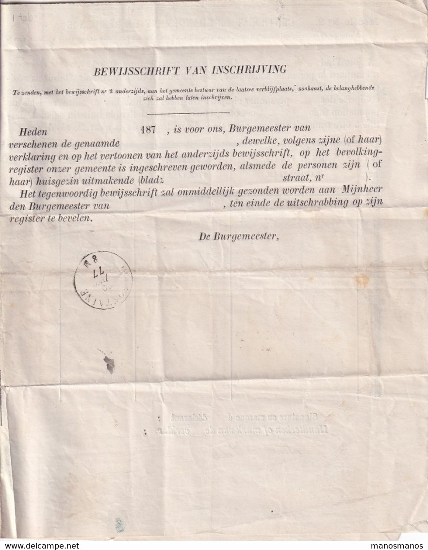 DDY 400 -- Document De Changement De Résidence 1877 De VILLERS DEUX EGLISES Vers BEAUMONT - 2 X Sceau Communal - Franchise