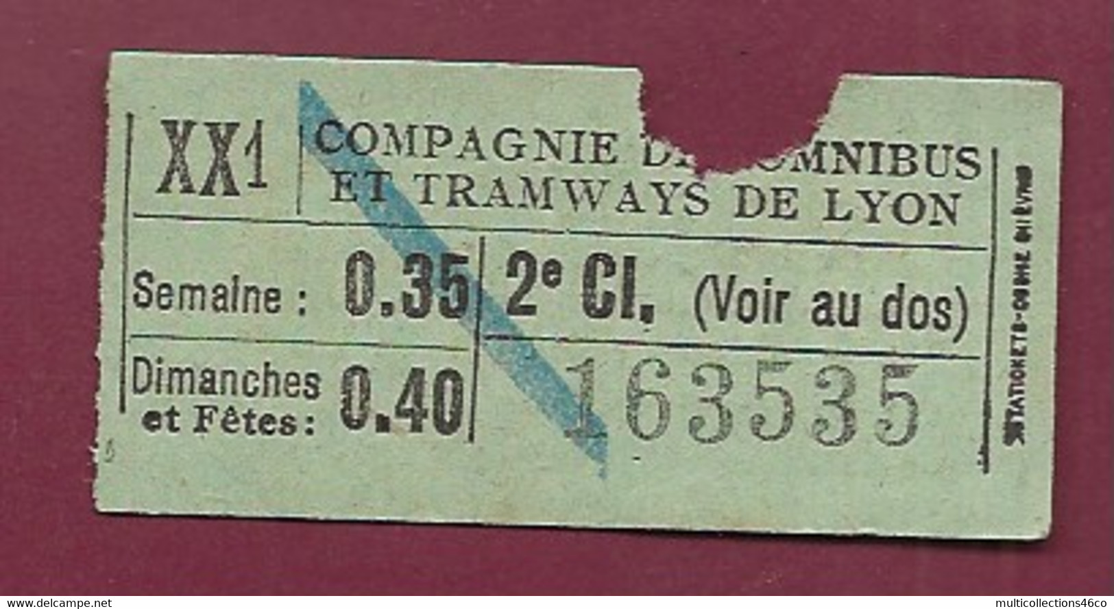 030121D - TICKET CHEMIN DE FER - Compagnie Des Omnibus Tramways De LYON 2e Cl 163535 0.35 0.40 XX1 - Europa