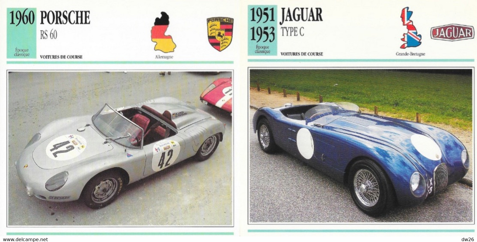 Fiche Voitures De Course: Epoque Classique 1951 à 1963 (Gordini, Aston Martin, Jaguar...) Lot De 14 Fiches - Autos