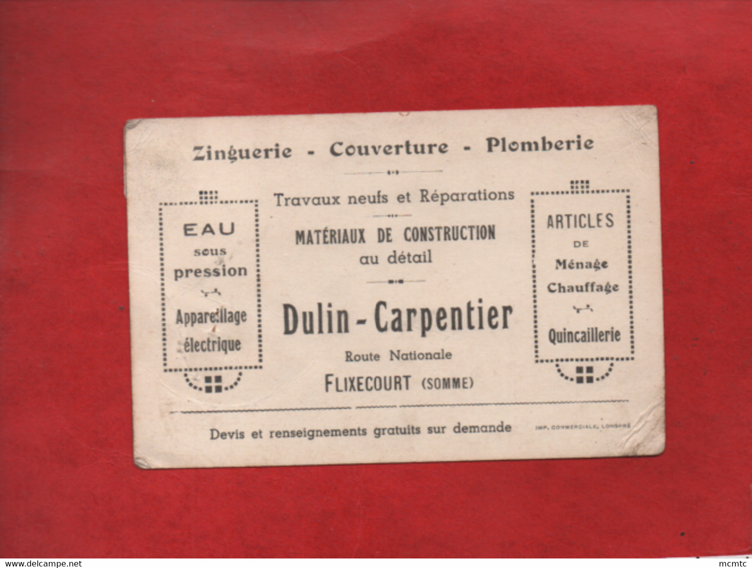 Carte De Visite -  Flixecourt - Zinguerie - Couverture - Plomberie - Dulin Carpentier - Flixecourt