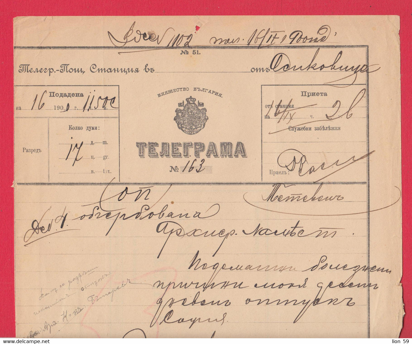 257533 / Bulgaria 1901 Form 51 (295-1900) Telegram Telegramme Telegramm + Label , Osikovitsa - Teteven , Bulgarie - Briefe U. Dokumente