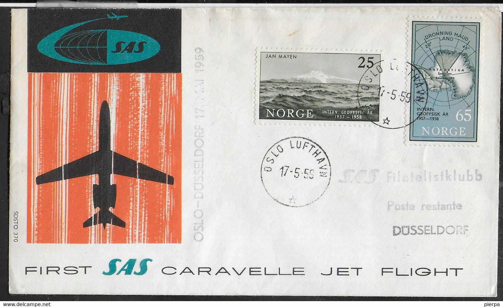 NORGE - PRIMO VOLO - FIRST FLIGHT SAS CARAVELLE - OSLO/DUSSELDORF - 17.5.1959 - SU BUSTA UFFICIALE - Briefe U. Dokumente