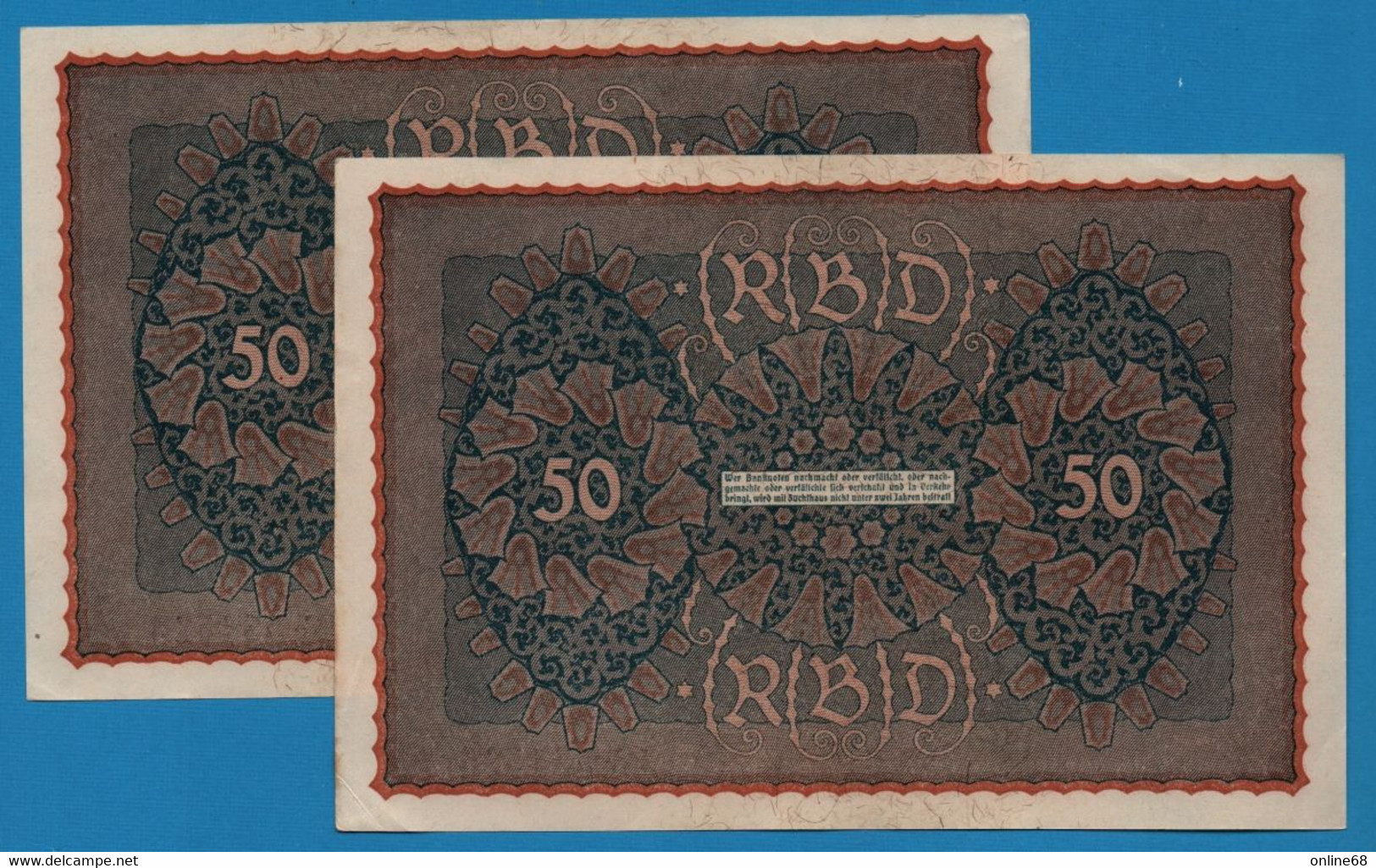 DEUTSCHES REICH LOT : 4 X 50 Mark  24.06.1919 Série ADM A # 584525+526+527+528  P# 66 Reihe 1 - 50 Mark