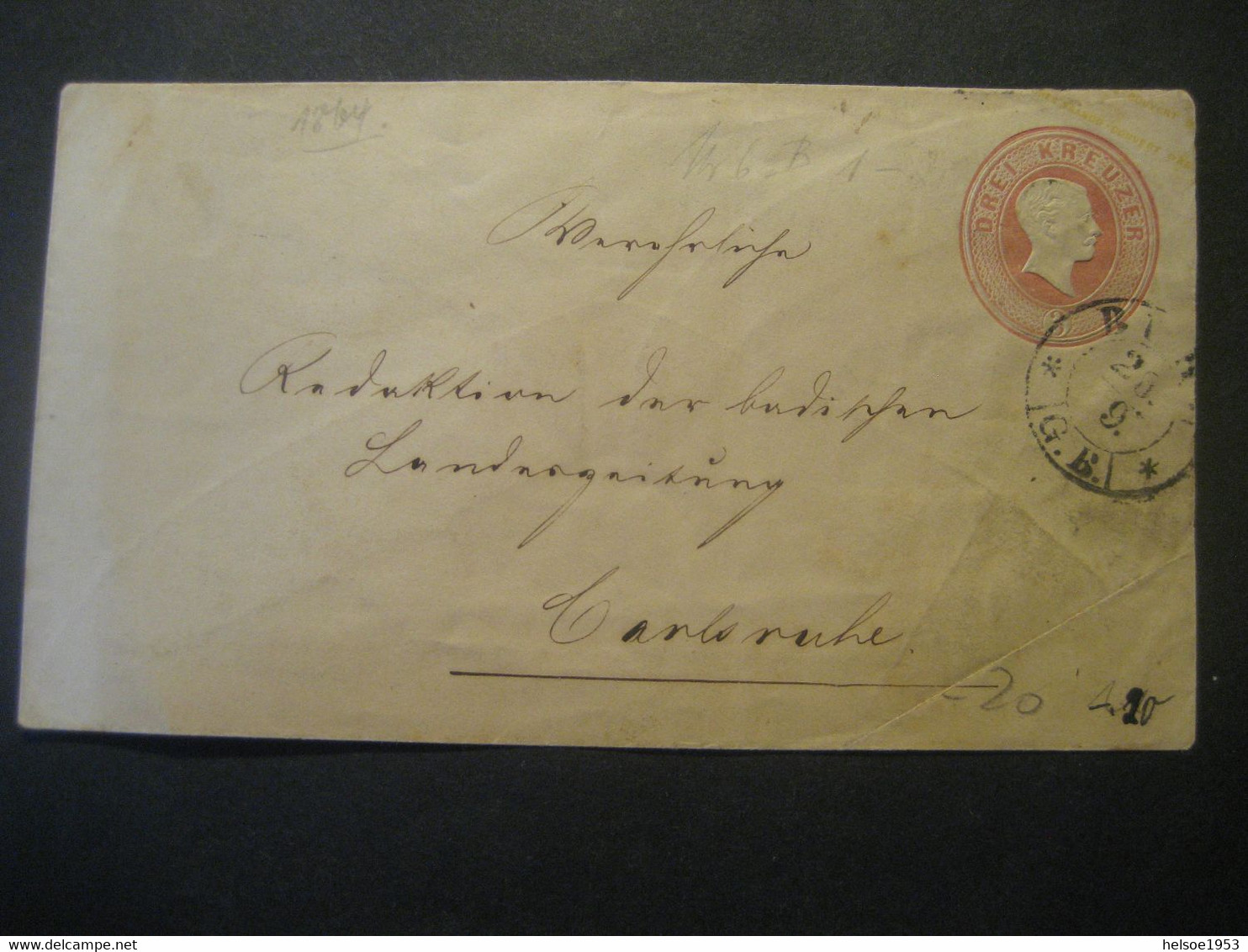 Altdeutschland Baden 1864- Ganzsache Gelaufen Mit 3 Kr Mi. U 9 Mit Bahnpost Nach Carlsruhe, Ankunftstempel Rückseitig - Entiers Postaux