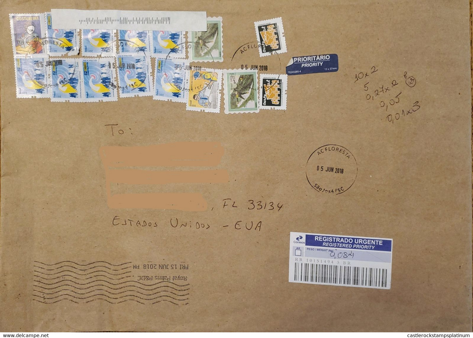 A) 2018, BRAZIL, FROM SAO JOSE TO UNITED STATES, REGISTERED PRIORITY, CANCELATION, METER STAMP - Used Stamps