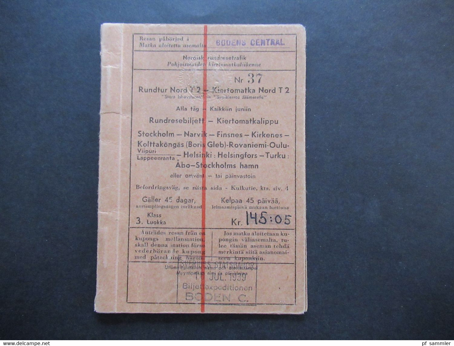 Schweden 1939 Rundtur T2 Bodens Central Nordisk Rundresetrafik Rundreise Ticket Ab Stockholm Zug / Schiff?? - Europe