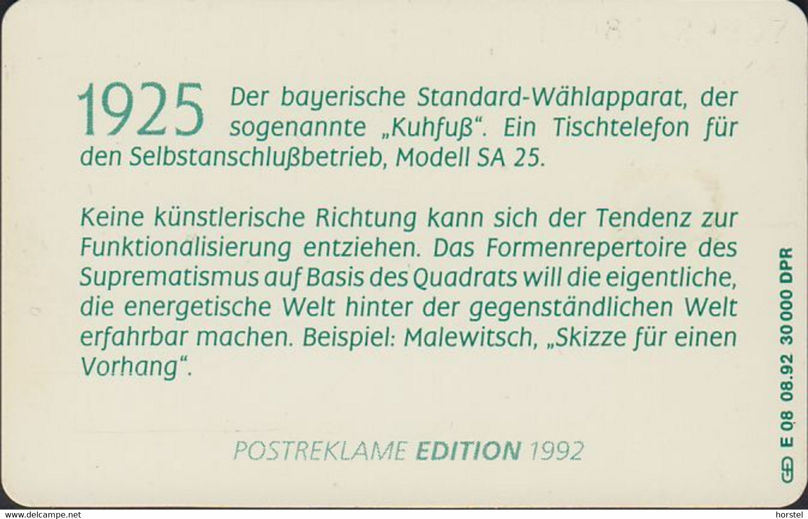 GERMANY E08/92 - Telefon 1925 Bayerischer Standard-Wählapperat "Kuhfuß" - E-Series: Editionsausgabe Der Dt. Postreklame